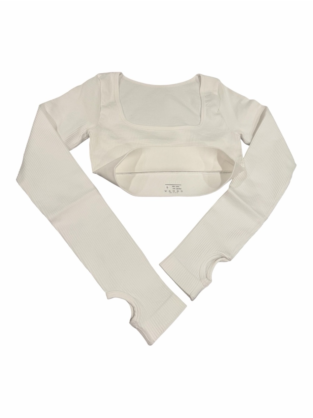 OQQ White Ribbed Knit Square Neck Long Sleeve Crop Top Thumbholes S
